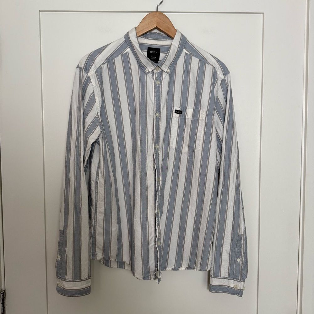 RVCA Shirt Mens Sz M Blue White Slim Fit Striped Button Down Long Sleeve Preppy